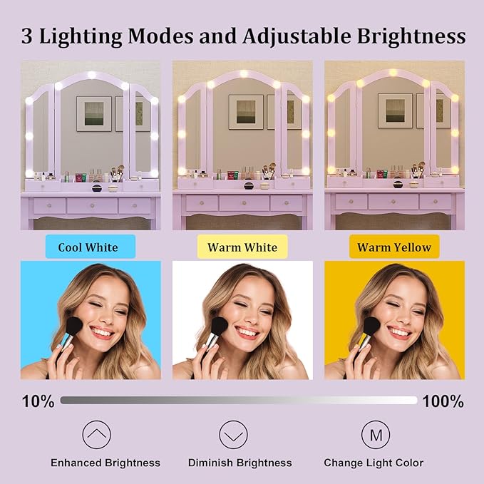 Purple Vanity Makeup Vanity Desk with Lights Vanity for Teen Girls Vanity Set for Teenager Vanity Table with Mirror for Bedroom Vanity Mirror with Lights Girls Desk and Chair