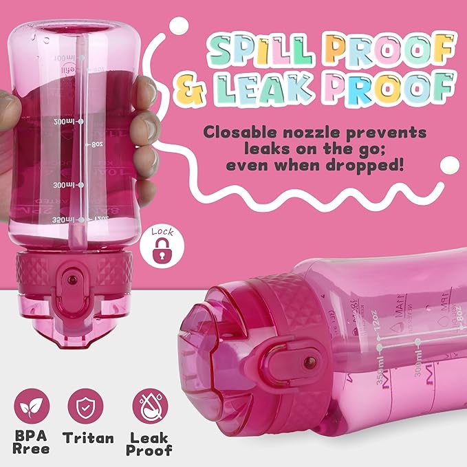 OLDLEY 12oz Kids Motivational Water Bottle with Silicone Straw, Leak-Proof Tritan BPA-Free, Reusable for School Girls & Boys, Eggplant