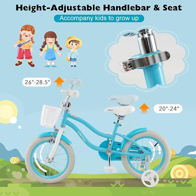 BABY JOY Kids Bike, 12 14 16 18 20 Inch Boys Girls Bike w/Adjustable Seat, Removable Basket, Handbrake & Coaster Brake, Training Wheels or Kickstand, Kids Bicycle with Multi-Color