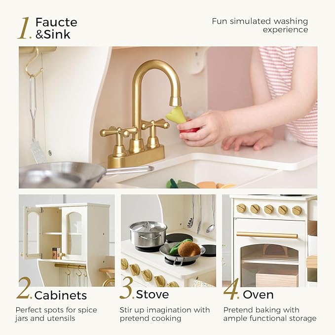 Tiny Land Play Kitchen for Kids, Wooden Toy Kitchen Set with Storage & Accessories, Toddler Kitchen Playset with Stove & Sink, Kids Kitchen Playset Gift for Ages 3-8