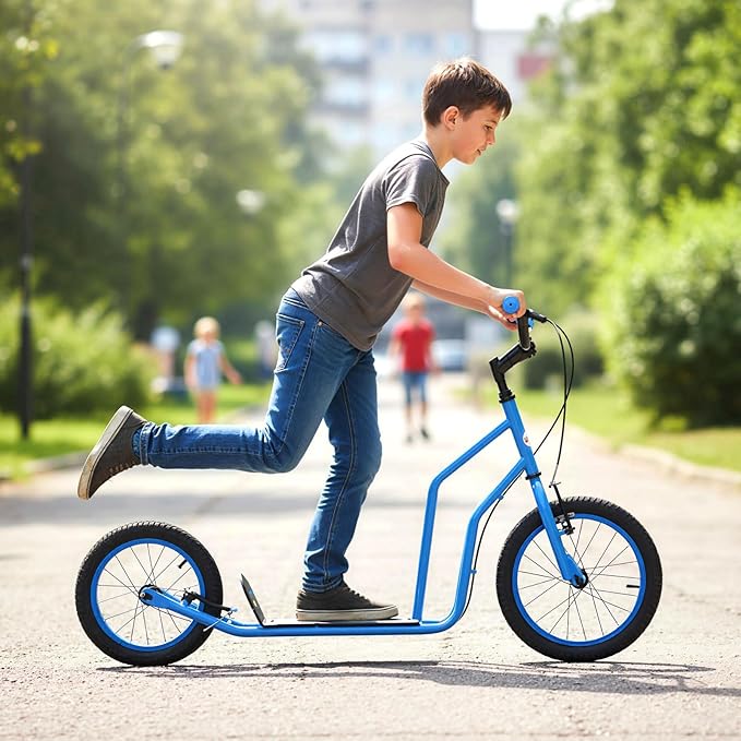 GYMAX Youth Scooter, Height Adjustable Kick Scooters with Extra Large Inflatable 16” Front & 14” Rear Wheels, Dual Hand Brakes & Kickstand, Heavy Duty Scooter for Teens Adults