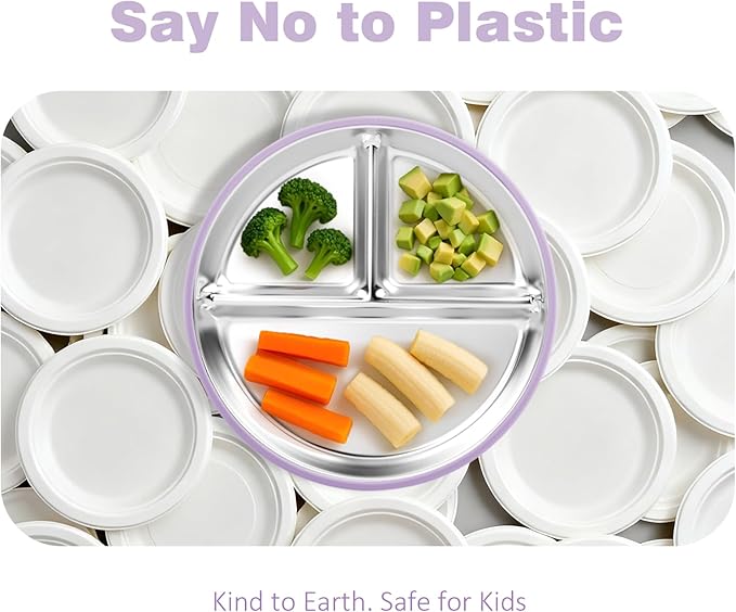 Stainless Steel Suction Plates for Toddlers, 9" Divided Kids Baby Plates with Removable Silicone Suction, Non Toxic Non Slip Portion Control Snack Dishes 3 Packs, Pink Beige Lilac