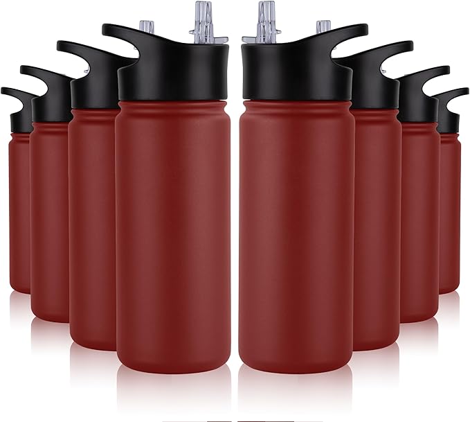 16 oz Insulated Water Bottle Bulk 8 Pack, Straw & Spout Lid, Keep Cold 24H, Spill Proof, BPA-Free, Double Wall, Stainless Steel Kids Water Bottles for School, Sports, Red