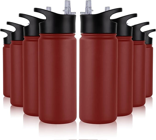 16 oz Insulated Water Bottle Bulk 8 Pack, Straw & Spout Lid, Keep Cold 24H, Spill Proof, BPA-Free, Double Wall, Stainless Steel Kids Water Bottles for School, Sports, Red