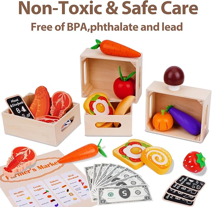 KMTJT Wooden Play Food for Toddlers 1-3 | 46 PCS Toy Food with Play Money for Pretend Play Kitchen Accessories | Wood Play Fake Food Sorting Toys for 12-18 Months Boys Girls | 1st Birthday Gifts