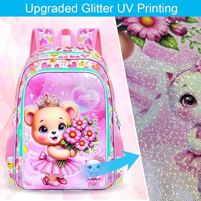 CCJPX 16" Bear Backpack for Girls, 3Pcs Kids Bookbag with Lunch Box, Water Resistant Elementary School Bag for Kindergarten Preschool Toddler (Pink)