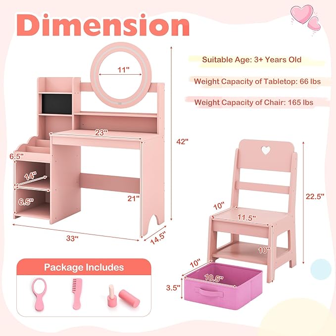 HONEY JOY Kids Vanity with Lights, Wooden Princess Makeup Dressing Vanity Desk with Jewelry Storage, Open Shelves, 2 in 1 Toddler Vanity Table & Chair Set with Lighted Mirror for Little Girls(Pink)