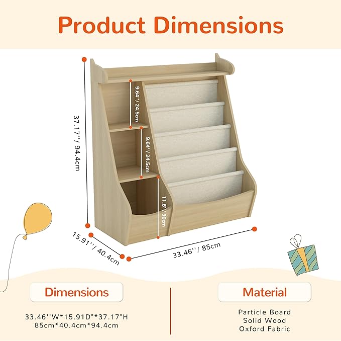 FKWin Bookshelf for Kids Room - 4 Tier Toddler Book Shelf with 5 Sling Pockets，Deer Design Nursery Storage Organizer for Books Nature