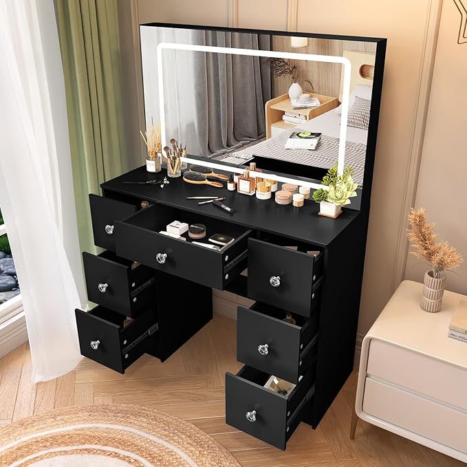 Black Vanity Desk with Large Mirror and Lights, 39.4''W Makeup Vanity with 3-Color Light Adjustable Brightness, 7 Drawers & Open Shelves, Big Vanity Desk for Bedroom, Girls & Women, 3429LED