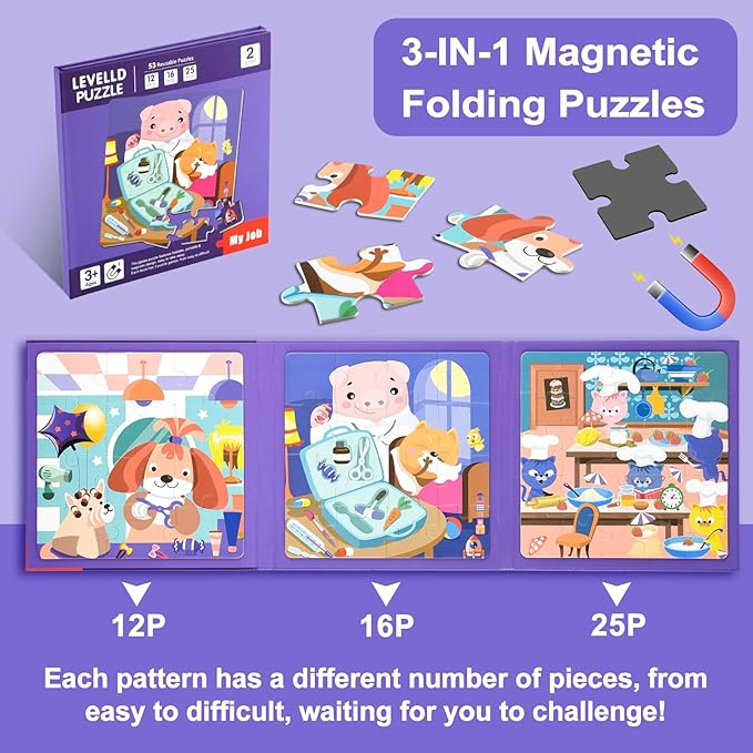 ASTARON Magnetic Puzzles for Toddlers, 12-16-25 Pieces Hairdresser/Doctor/Chef Learning Magnet Puzzles for Road Trip, Educational Travel Toys Car Plane Activities for Kids, Kids Birthday Gifts