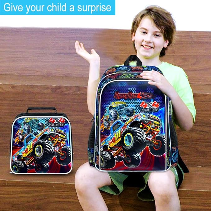 16" Monster Truck Backpack, 3Pcs Boy Bookbag for Elementary Preschool Kindergarten, Kids School Backpacks with Lunch Box (Black)