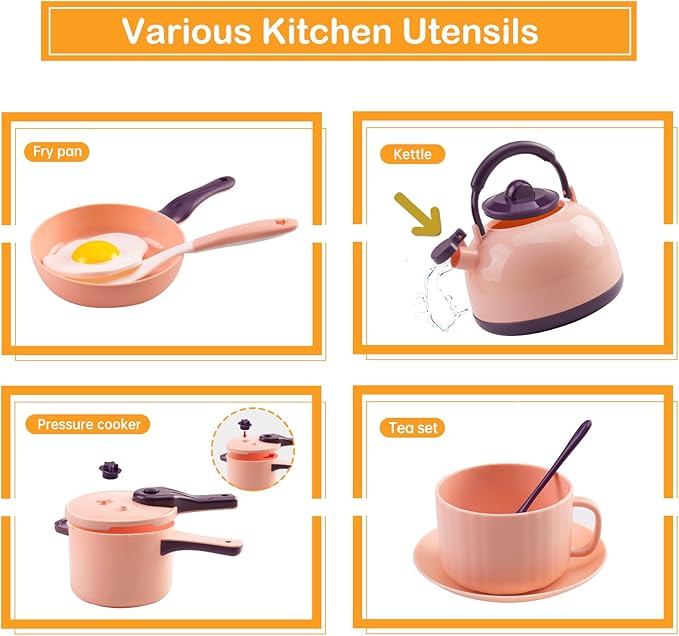 56Pcs Mini Play Kitchen Accessories for Kids, Pretend Cooking Playset with Cookware, Tableware & 2 Fruit Sets, Learning Gift for Girls, Boys, Toddlers, Pink