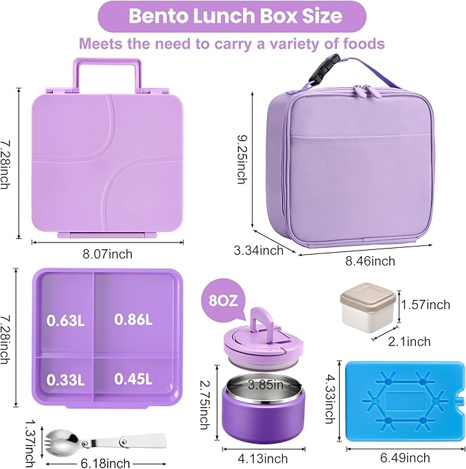 Bento Lunch Box with 8oz Soup Thermo,Kids Leakproof 4 Compartment Lunch Food Containers with Sauce Cup and Ice Pack,Kids Thermo Insulated Hot Food Jar and Lunch Bag for School,Trvael-Purple