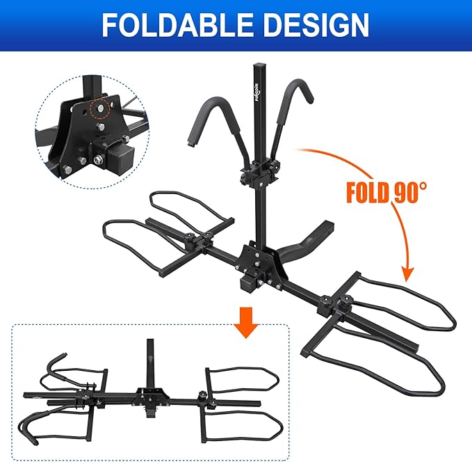2" Hitch Mount Bike Rack, 2 Bike Folding Tiltable Platform Style Carrier 150lbs for Standard, Fat Tire, and Electric Bicycles with Hitch stabilizer,Trailer Hitch Lock, 2 Ratchet Straps