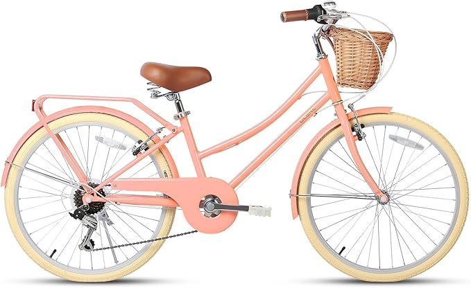 Glerc 20 24 26 Inch Beach Cruiser Bike, 6-Speed Hybrid City Bicycle for Girls Youth and Over 6 Years Old, Missy Bike with Wicker Basket & Lightweight, Multiple Colors