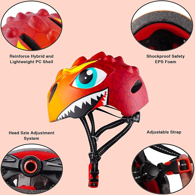 Toddler Helmet Kids Bike Helmet for 2 3 4 5 6 7 8 Years Old Girls with 3D Dinosaur Design Protective Gear Set and Safety Certified, Toddler Bike Cycling Skating Skateboard Scooter Helmet