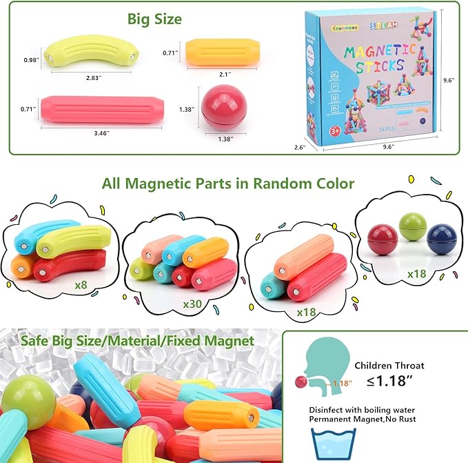 COUOMOXA 74pcs STEM Magnetic Toy: Educational Building Blocks Set for 3 4 5 6 7 8 9 Years Old Kids - Puzzle Toys for Kids Age 3-9 Home School - Birthday Gift for Boys Girls