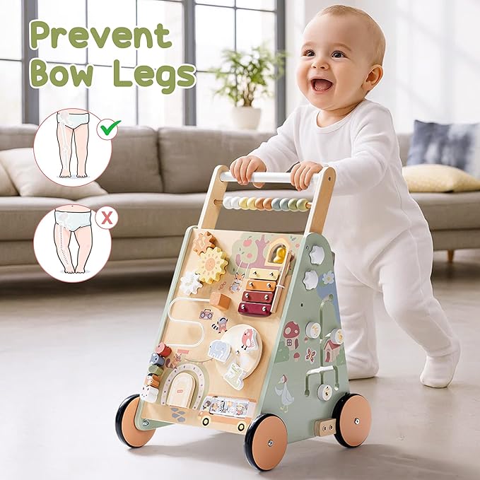 ROBOTIME Baby Walking Toy, Adjustable Speed & Height Wooden Baby Walker Push Toy, Montessori Toddler Push Toy with Brake, Storage & Multi-Activity Play Center for 10M+ Kids (Forest Fairy Tale)