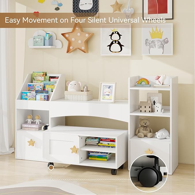 ELECWISH 55” Kids Bookshelf with Reading Nook, Kids Bookcase with Desk and Toy Storage Drawers, 6 Storage Cubbies and Storage Cabinet with Wheels for Kid's Bedroom, Playroom, School, White