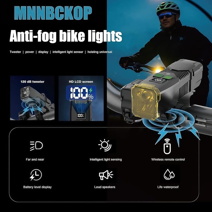 Rechargeable Bike Light with Horn - 1200LM Super Bright Front Light & Rear Tail Light Set, USB-C Charging, Waterproof, Anti-Fog Lens, Remote Control for Mountain/EBike/Road Bicycle
