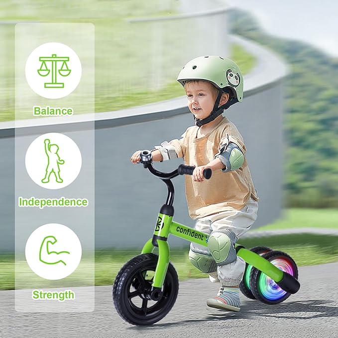 YGJT 3 in 1 Lighting Tricycle for Toddlers Age 2-5 Years Old, Folding Kids Balance Bike with Adjustable Seat and Removable Pedal, Toddler Bike Ride-on Toys for Infant, Gift for Baby Boys Girls(Green)