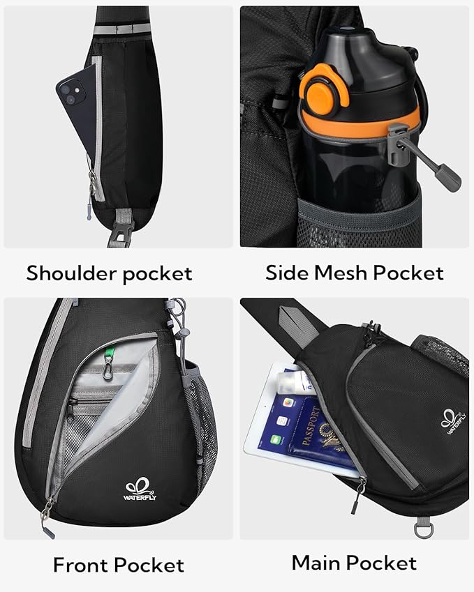 WATERFLY Crossbody Sling Bag Small Water Resistant Backpack Lightweight Shoulder Chest Daypack for Men Women Hiking Travel