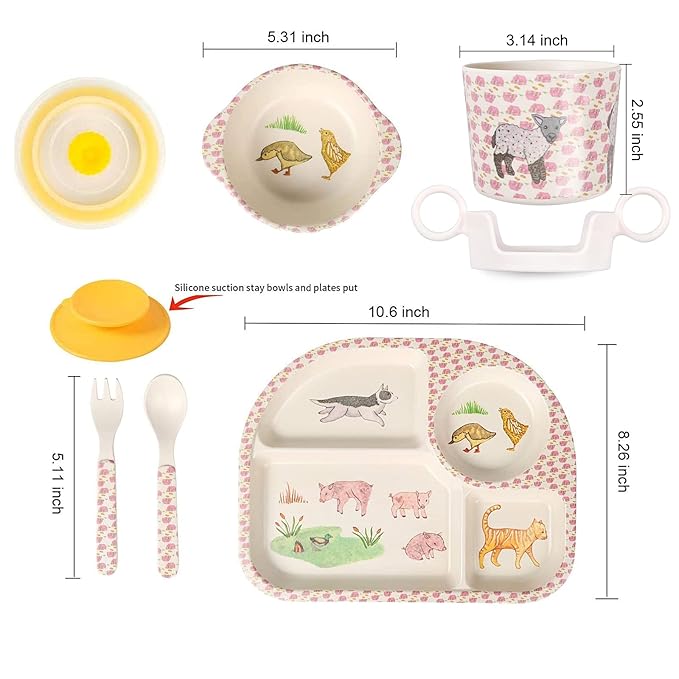 shopwithgreen 7Pcs/Set Bamboo Kids Dinnerware Set - Children Dishes - Food Plate Bowl Cup Spoon Fork Set Dishware, Cartoon Tableware, Dishwasher Safe Kids Healthy Mealtime, BPA Free