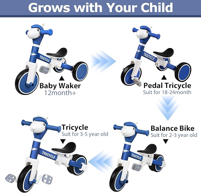 Tricycle for Toddlers 3 Year Olds, Toddler Balance Bike for Boys Girls 2-4, Toddler Tricycle with Light & Music Front, Kids Bicycle with Removable Pedal, Birthday Gifts for 2 3 4 5 Year