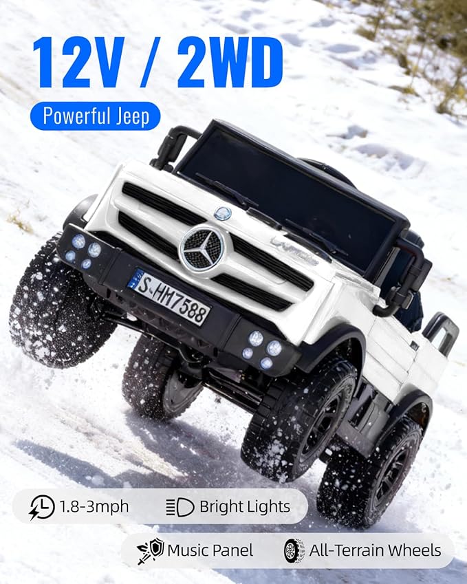 12V Ride on Car for Kids, Licensed Mercedes-Benz Unimog w/Parent Remote Control, LED Headlights, Music Player & Horn for 3-5 Years Toddler, White