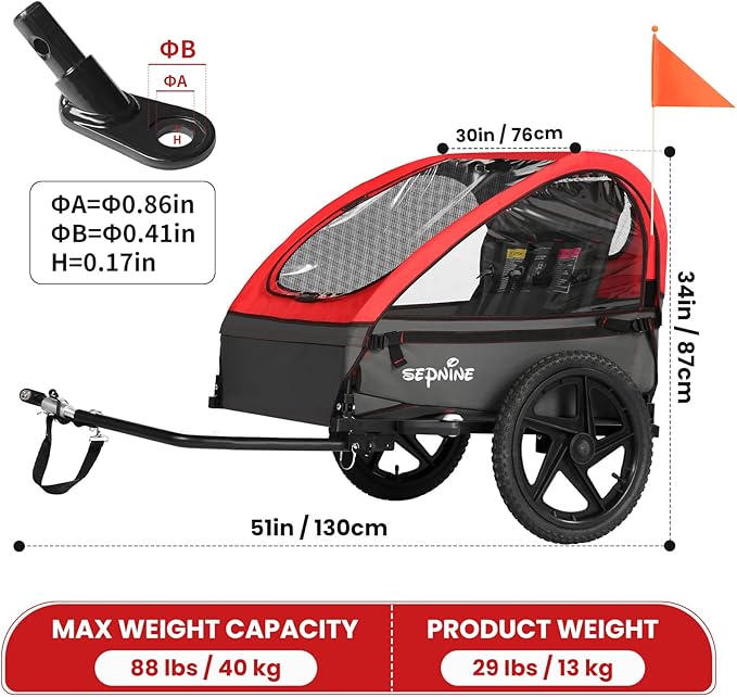 Sepnine Kids Bike Trailer, Suitable for 1 to 2 Kids, 12+ Months, Quick Attach to Bike, Foldable, with 5-Point Harness and Storage Bags