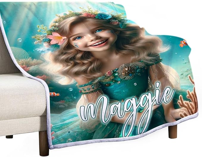 Zocoshi Custom Little Mermaid Blanket Personalized Gift for Daughter, Little Mermaid Birthday Surprise, Blanket for Her, Kids Custom Face Gifts