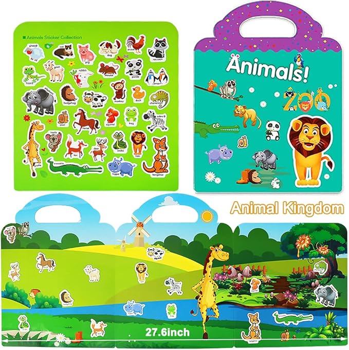 Reusable Sticker Books for Kids, 3 Sets Travel Removable Toddler Sticker Books for 3 4 5 Year Old Girls Boys Birthday Gifts Educational Learning Toys for Age 3-6 - Farm & Zoo Animal, Vehicle