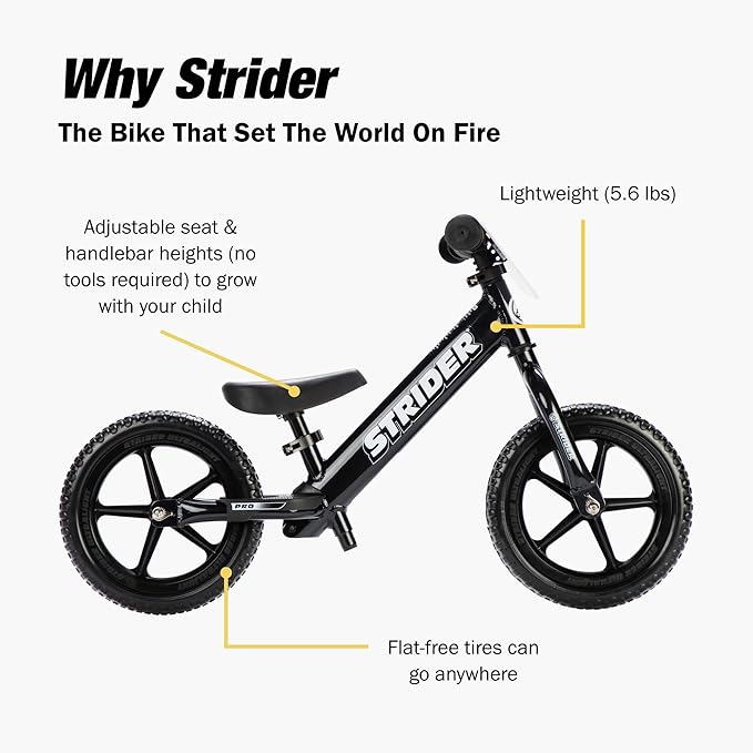 Strider 12” Pro Bike, No Pedal Balance Bicycle for Kids 1 to 4 Years - Includes Safety Pad, Padded Seat, Mini Grips & Flat-Free Tires - Tool Free