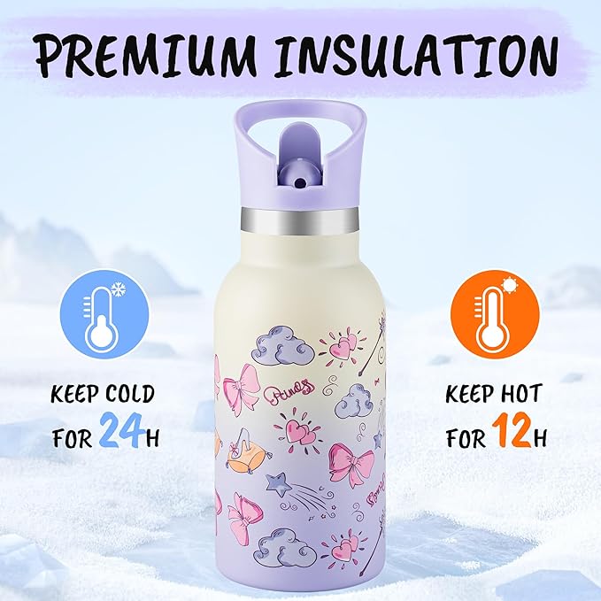 12oz Kids Water Bottle – Insulated Stainless Steel Bottle with Straw Lid, BPA-Free, Leak-Proof, for Toddlers & School Use