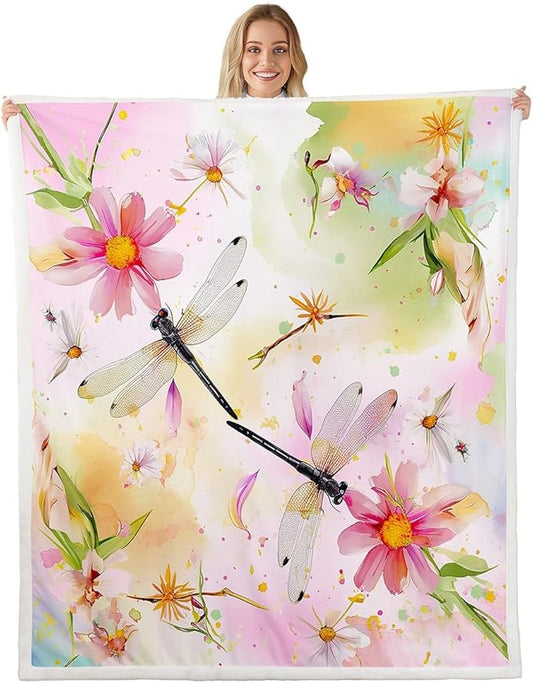 Feelyou Dragonfly Sherpa Blanket for Girls Women Colorful Floral Throw Beautiful Dragonflies Plush Pink Flowers Room Decor Animal Fuzzy Sofa Bed Couch, 50x60 Inch