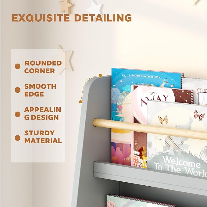 Kids Bookshelf, 3-Tier Montessori Book Shelf Organizer for Books and Toys, Toddler Bookshelf for Bedroom, Living Room, Playroom, Classroom, Nursery - Gray