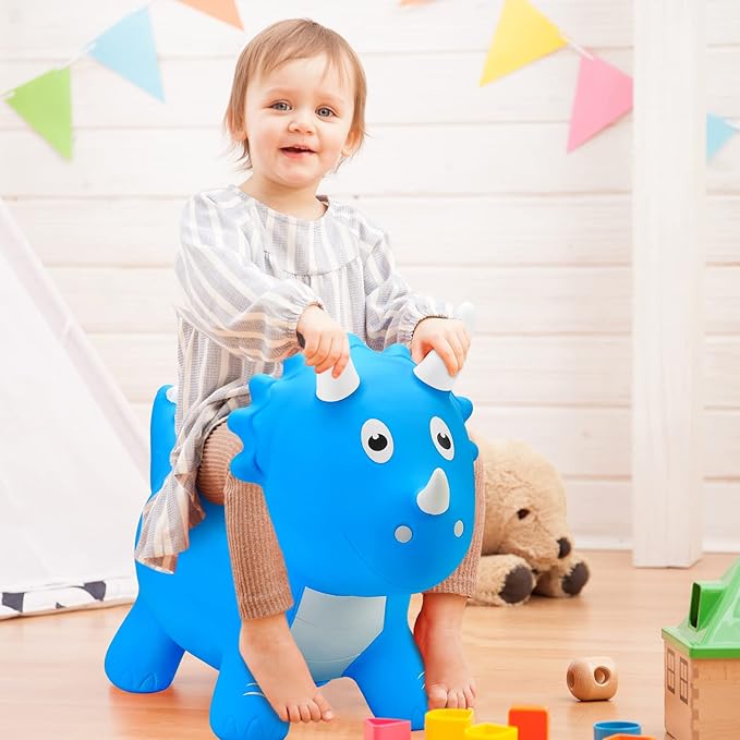 PlayZap Dinosaur Bouncy Horse Hopper, Bouncy Animals Hopper for Toddlers, Inflatable Jumping Ride on Dinosaur Triceratops Hopper, Kids Hopping Toys for 18M 2 3 Years Old Kids Boys Girls Gifts