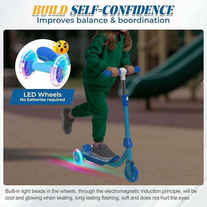 Kids Kick Scooter with Adjustable Height & LED Flash Wheels | 3 Growing Levels | Outdoor Fun for Boys & Girls
