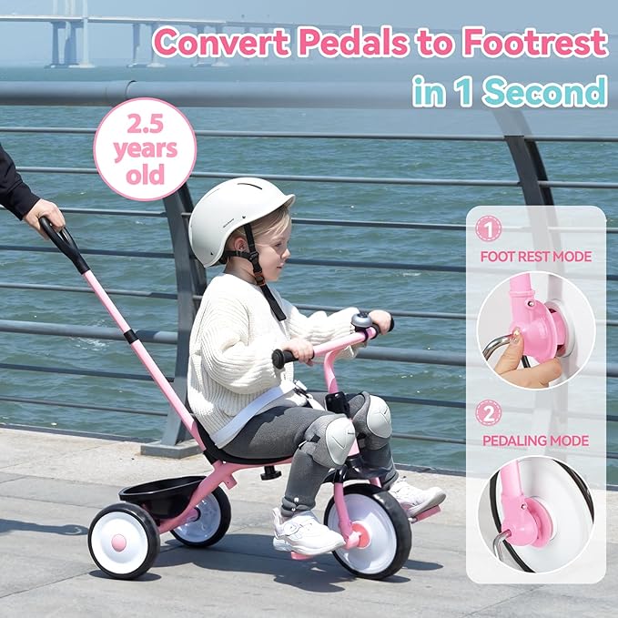 Liberry 2 in 1 Toddler Tricycle Age 2 3 4 Years Old, Kids Trike with Adjustable Push Handle, Bell & Basket, 3 Wheel Bike Riding Toy Birthday for Girls Boys, Light Pink