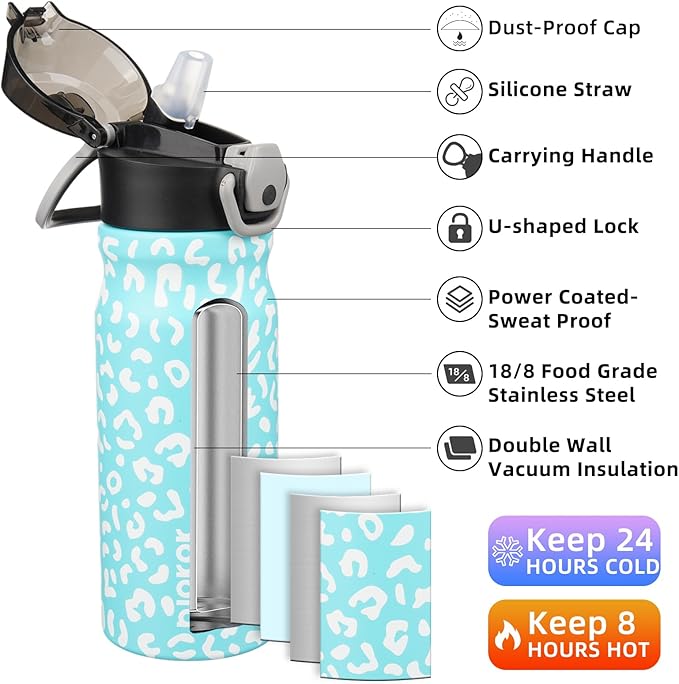BJPKPK Insulated Water Bottle 18oz Stainless Steel Water Bottles With Straw And Carry Handle Double Wall Metal Thermo,Sky Blue Leopard