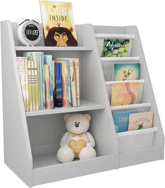 Gray Nursery Bookshelf for Kids 3 Tier Wood Shelf 4 Sling Baby Toddler Bookcase Book Rack with Adjustable Shelf for Boy Girl’s Gift Bedroom Playroom Nursery Classroom Church Kindergarten