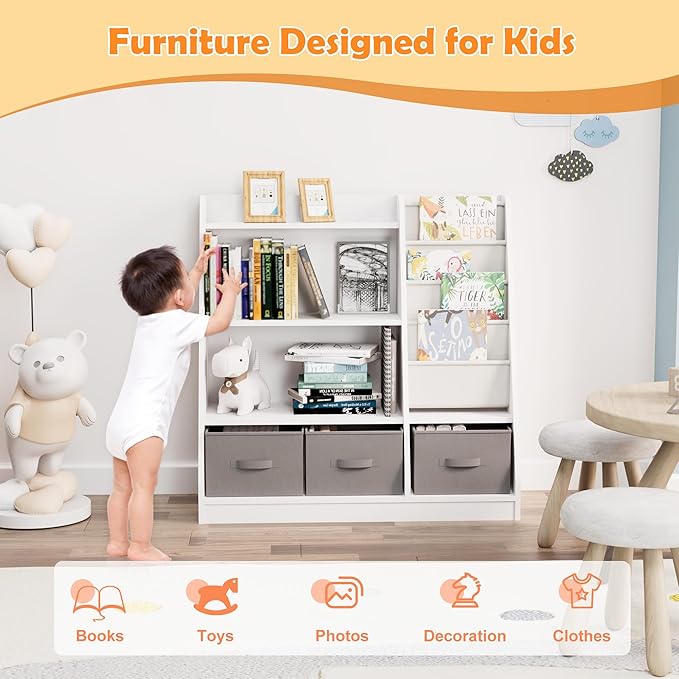 White Kids Bookshelf Wood Montessori Toy Storage Organizer Cabinet Shelf Child Bookcase Toddler Baby Sling Book Rack 3 Cube Bin Fabric Drawers for Playroom Bedroom Nursery School