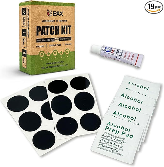PAX 19Pcs Punctured Bike TPU Repair Tire Patch Kit, Contains 12Pcs 25mmØ Glueless Patches, 6Pcs Alcohol Prep Pads, 1Pc 5ml Rubber Cement, Punctured Tube Repair Kit for Bicycle, Inflatable Rubber