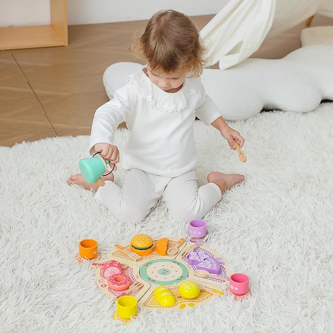 JAUNTY Tea Party Set Toy for Girl 3 4 5 Years Old, Wooden Pretend Play Kitchen Toy Food for 3 Year Old Little Girls , Great Educational 1st Birthday for 3-5 Toddler Girls Boys