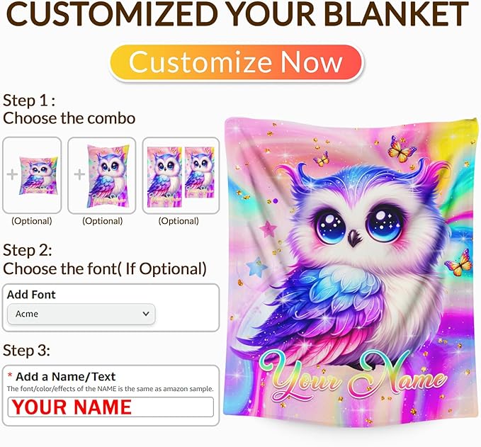 Personalized Blanket for Girls, Custom Throw Blanket Gift for Kids Teens, Owl Stuff for Animals Lovers, 50"x40" Flannel Blankets for Couch Sofa Bed Bedroom Decor