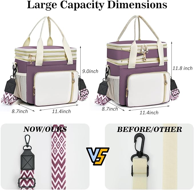 LOKASS Lunch Box & Lunch Bag for Women Men Double Deck, Large Insulated Adult Lunch Box Leakproof Lunchbox Cooler Bag for Work Picnic Beach,（Dark Pink 16L）