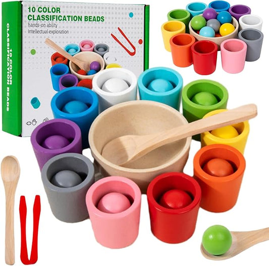 Balls in Cups Toddler Toys, Color Sorting & Matching Game, Wooden Educational Toy for Kids, Color Recognition, Concentration & Cognitive Skill Development, for 1-3 Years Old Toddlers