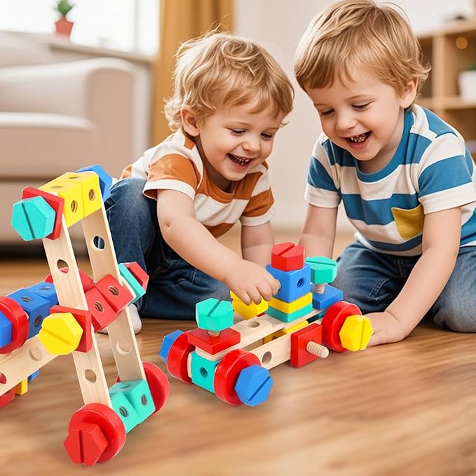 Wooden Nut & Bolt Building Toy for Kids Montessori STEM Construction Set with Tools, Educational Building Blocks for Toddlers Ages 3+ (Boys & Girls)