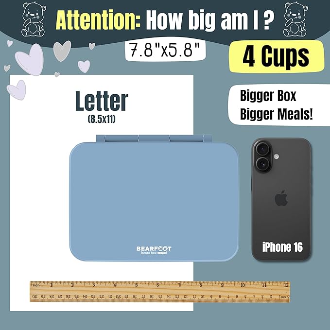 BEARFOOT Kids Lunch Box with Compartments – Compact & Lightweight | Leak-Proof, BPA-Free, Dishwasher & Microwave Safe | Hand-Drawn Design for Preschool, School, Travel (Blue, 4 Cups)