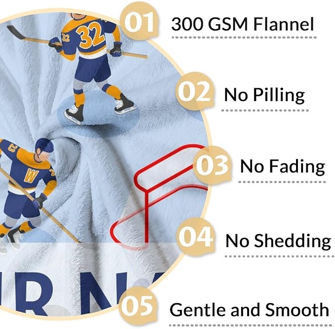 Personalized Hockey Blanket - Hockey Gifts for Girls Boys - Custom Kids Blanket with Name - 60"x80" Soft Flannel Throws for Couch